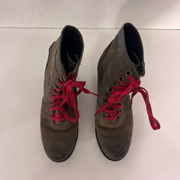 Sorel Grey Canvas with Green Leather with Neon Pink Lace Up Wedge Booties - Picture 4 of 9